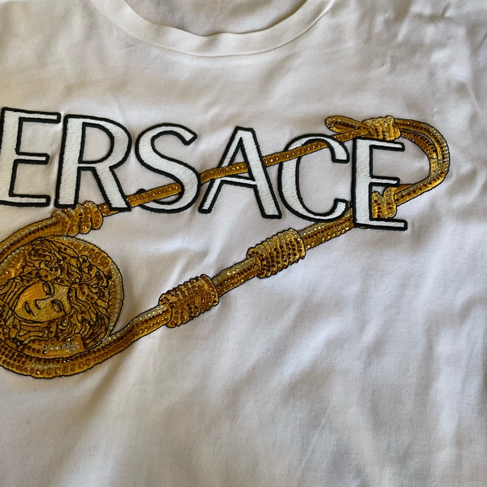 Versace White T-Shirt with Silver Medallion Tag